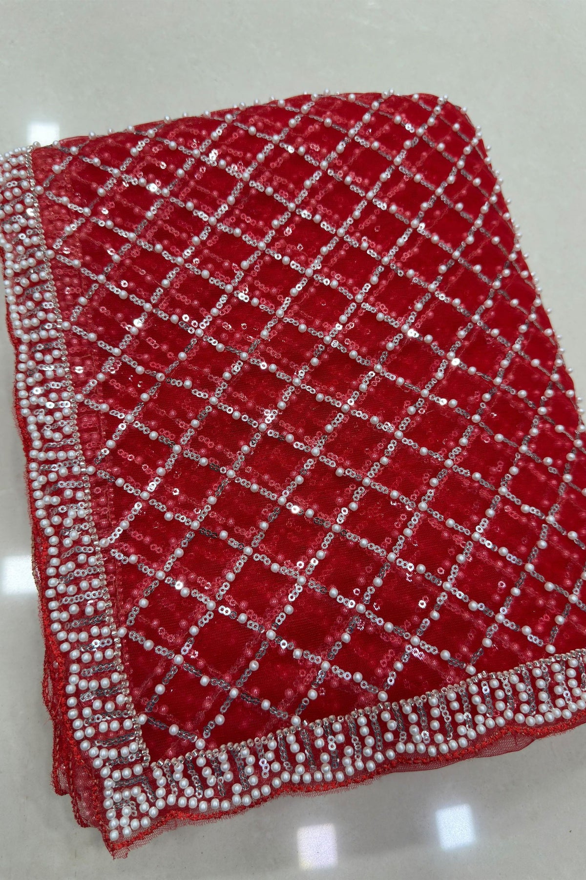 Gorgeous Red Net Sequin Embroidered Saree with Pearl Border for Women