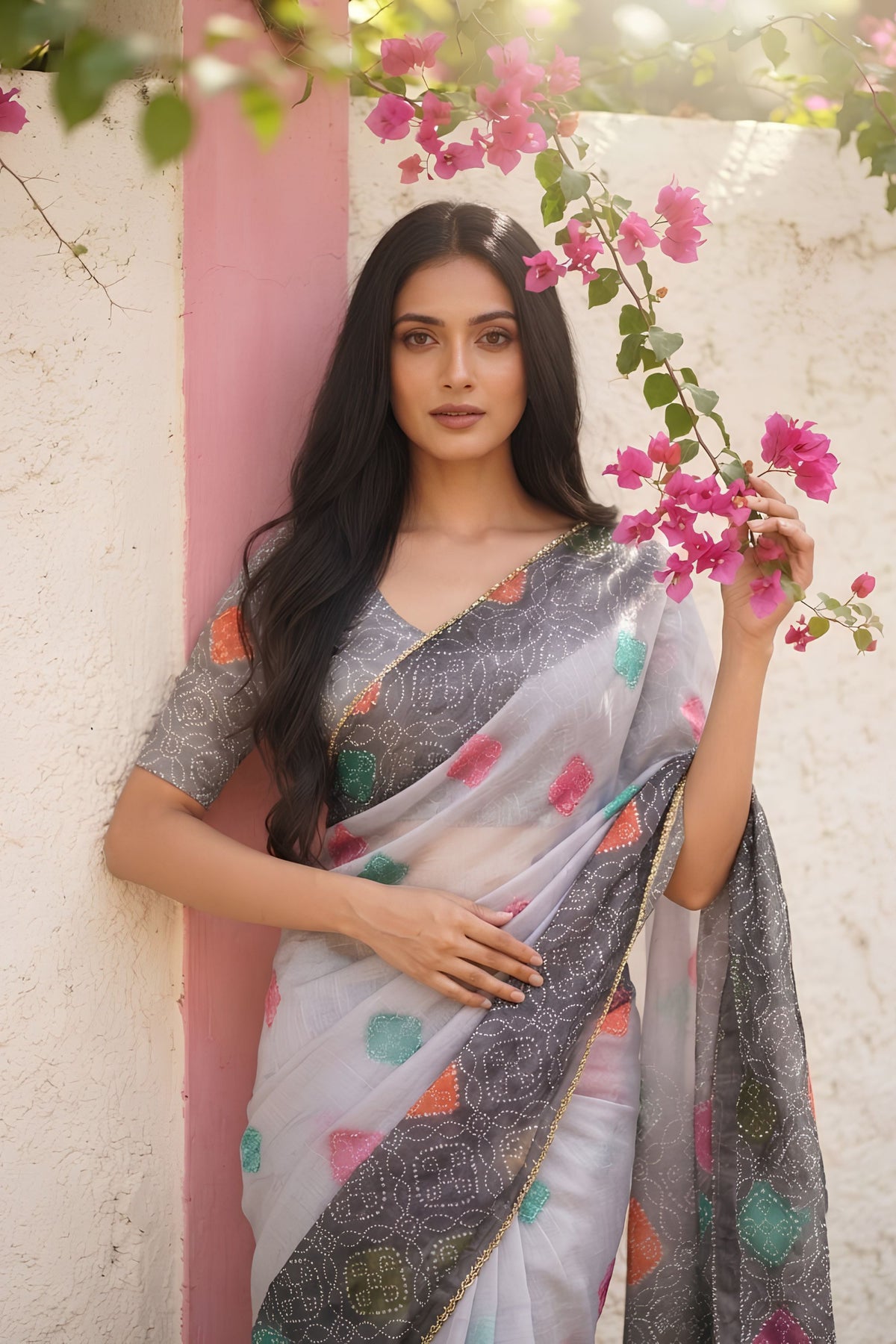 Elegant Grey Space Silk Digital Print Bhungali Work Saree Lace Border for Women