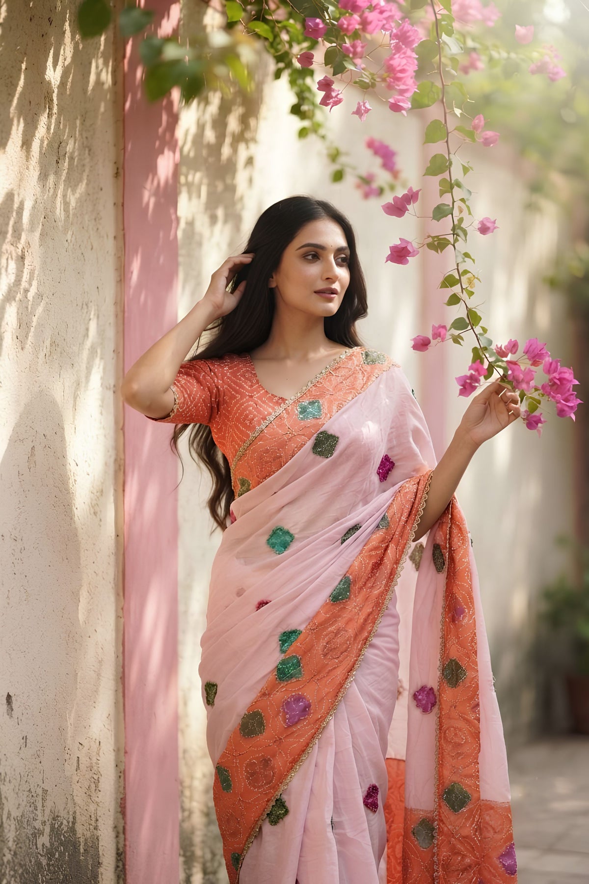 Beautiful Pink Space Silk Digital Print Bhungali Work Saree Lace Border for Women