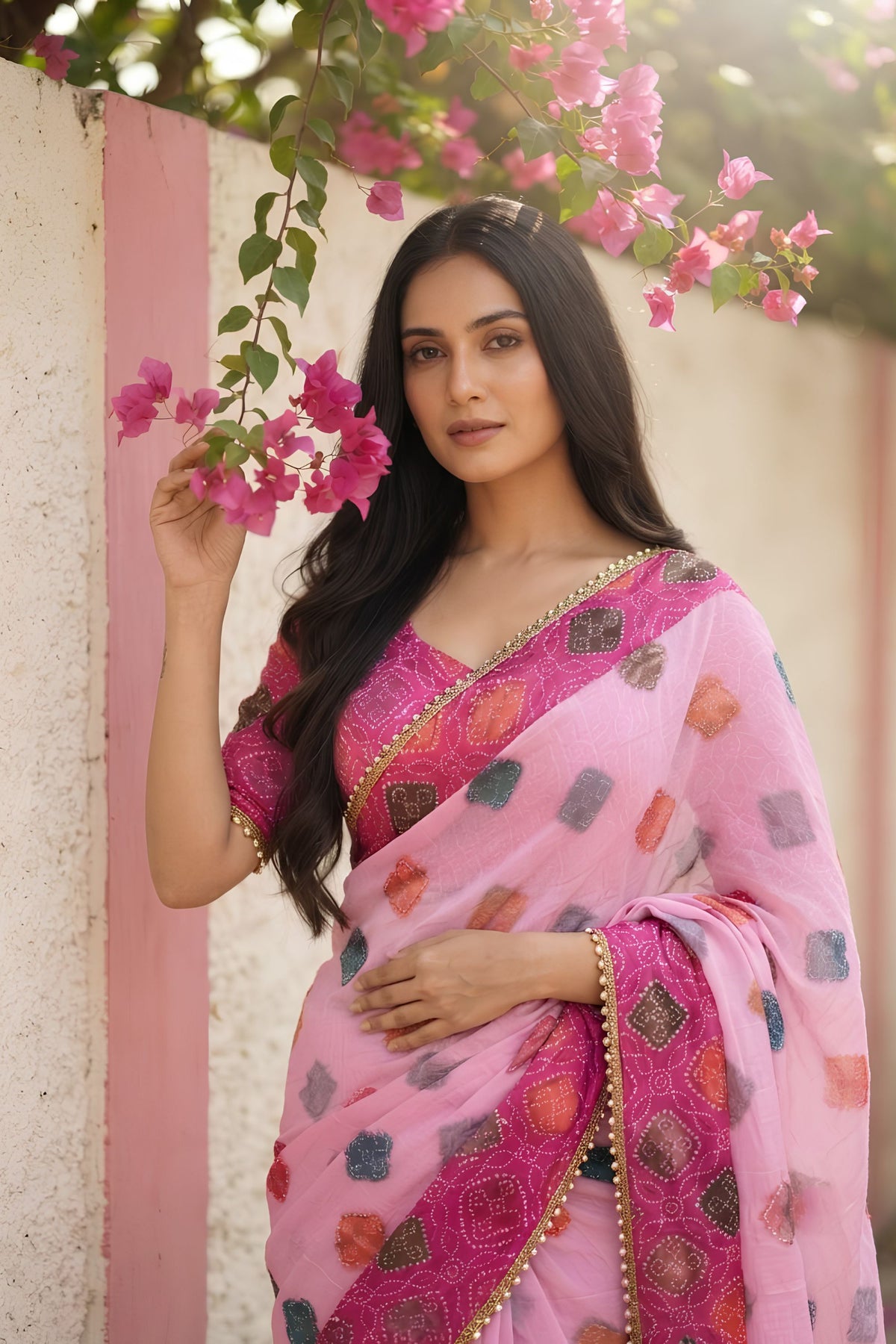 Stylish Hot Pink Space Silk Digital Print Bhungali Work Saree Lace Border for Women