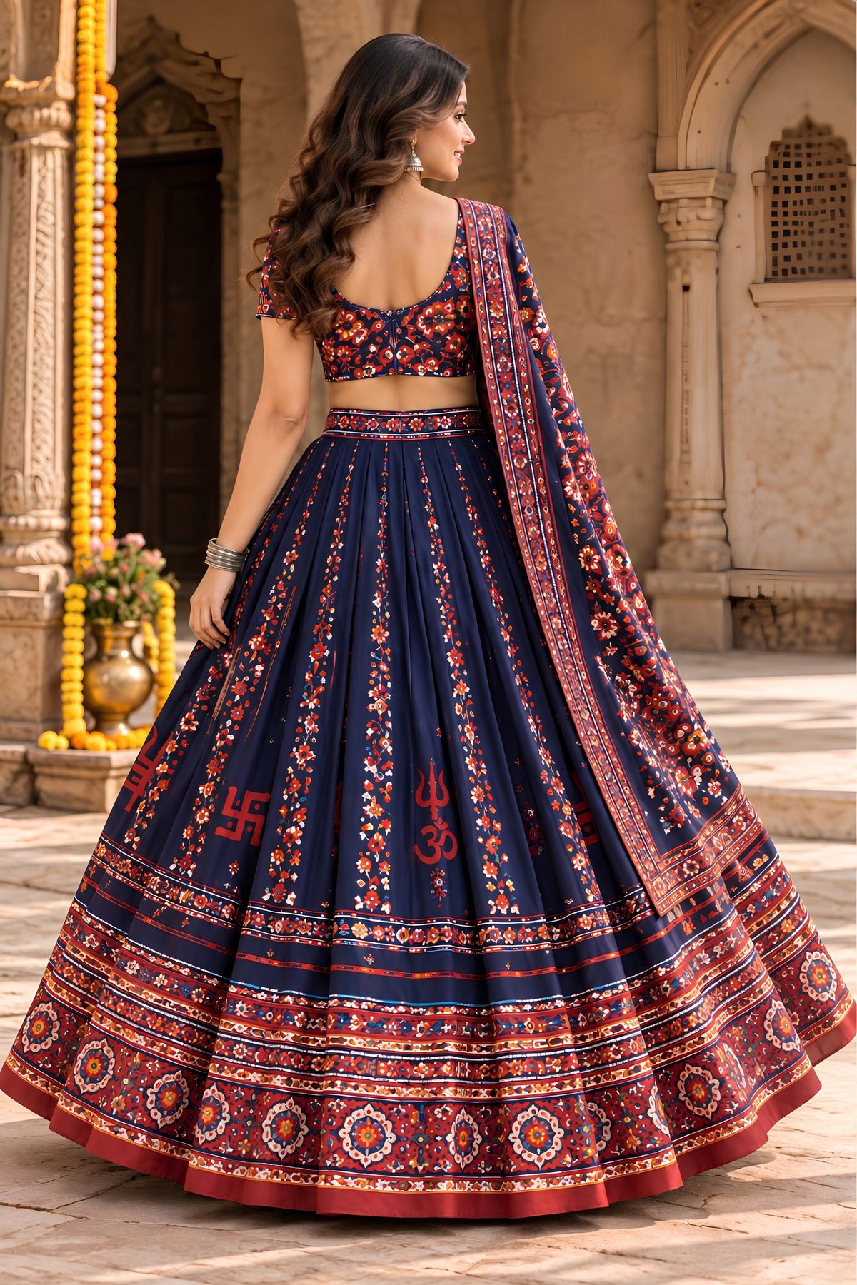 Stunning Navy Blue Chinon Ajrakh Printed Designer Lehenga Choli with Dupatta for Women