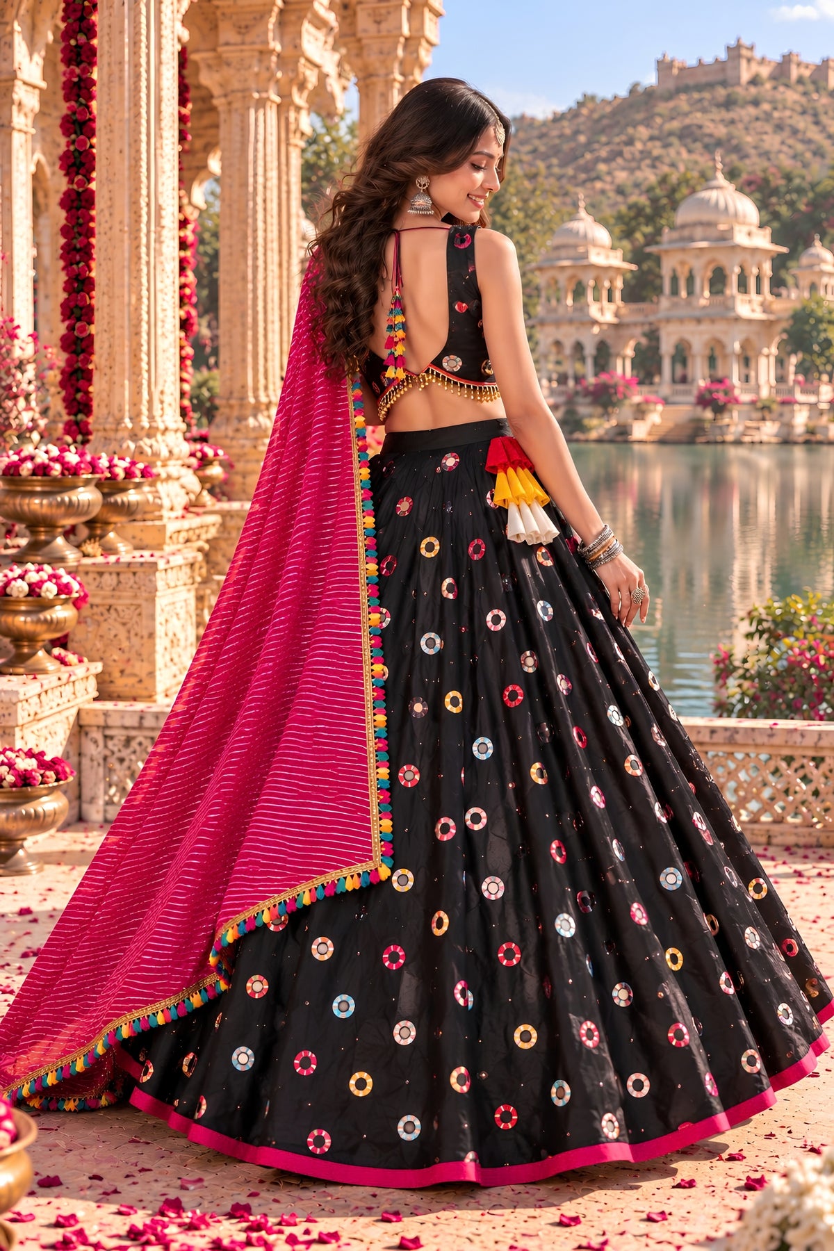 Stunning Black Roman Silk Designer Lehenga Choli with Mirror Work and Dupatta