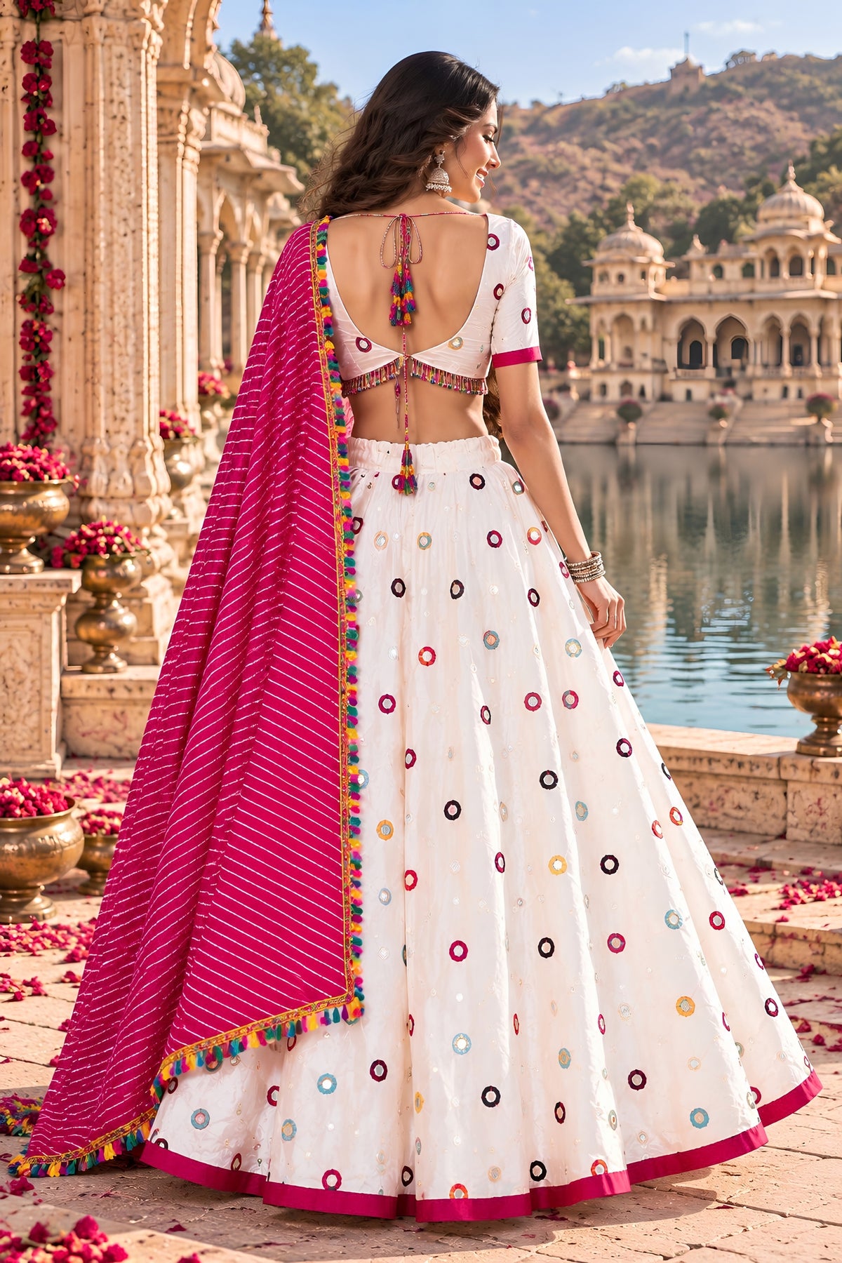 Stunning White Roman Silk Designer Lehenga Choli with Mirror Work and Pink Dupatta