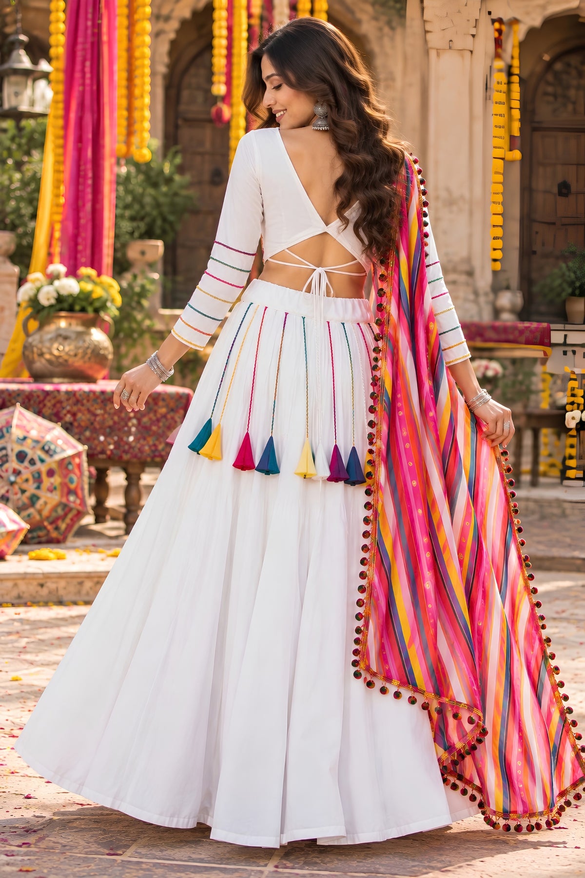 Charming White Roman Silk Designer Lehenga Choli with Plain Work and Multicolor Dupatta for Women