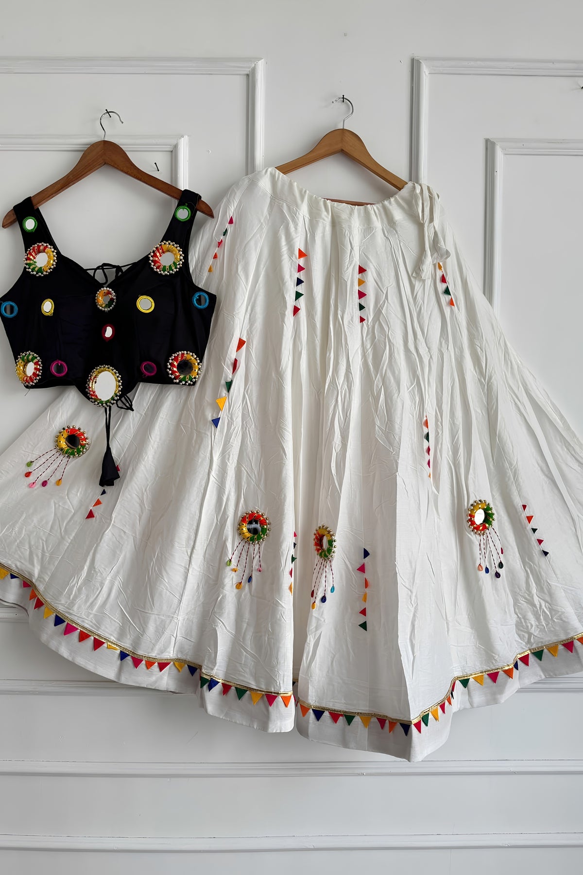 Elegant White Cotton Multicolor Embroidered Mirror Work Designer Lehenga Choli for Women
