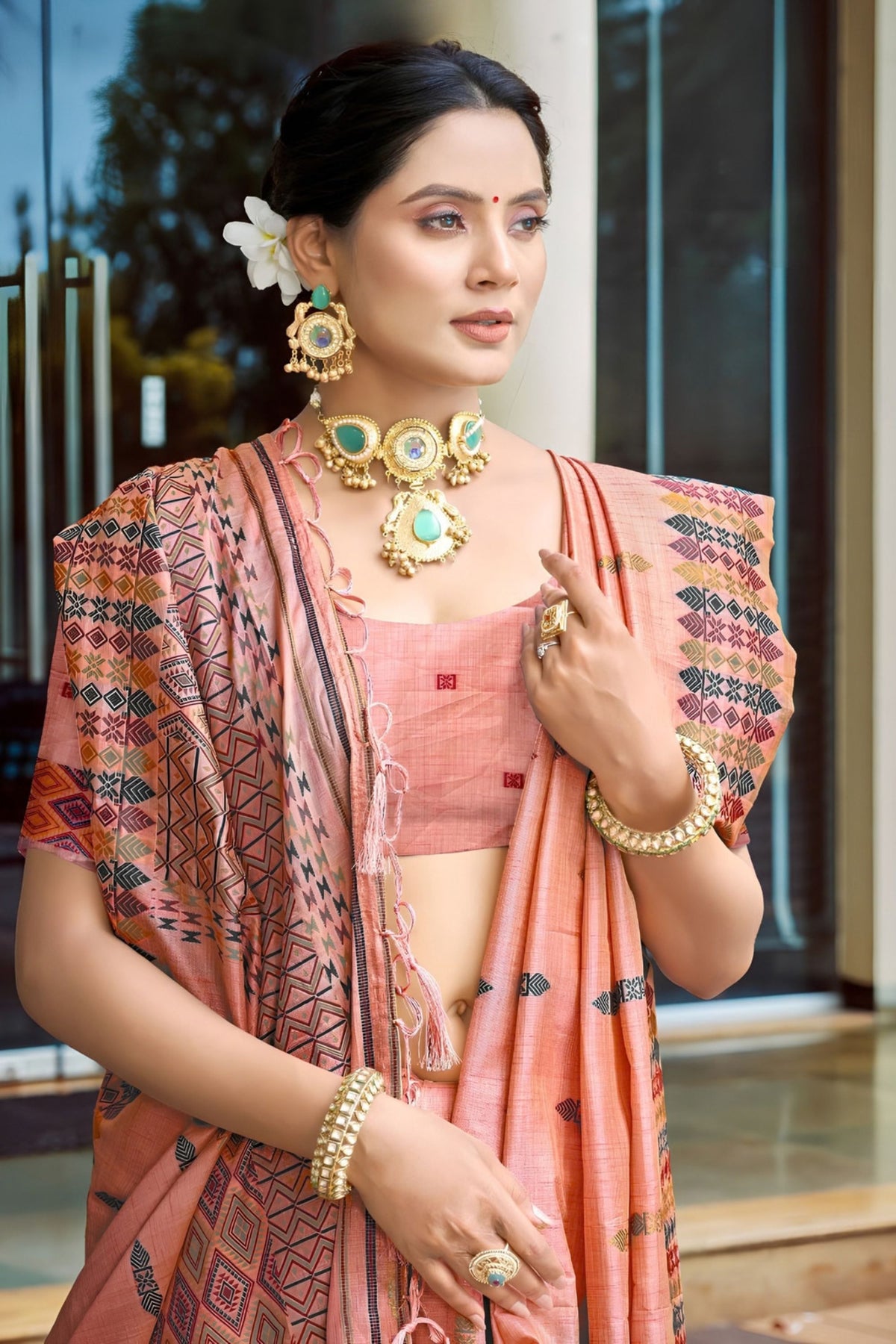 Beautiful Peach Pink Assam Silk Weaving Saree for Women