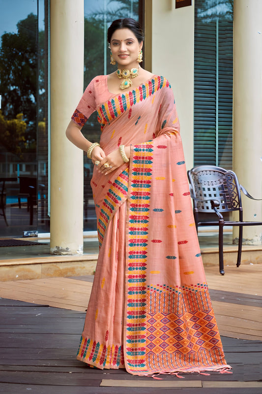 Beautiful Peach Pink Assam Silk Weaving Saree for Women