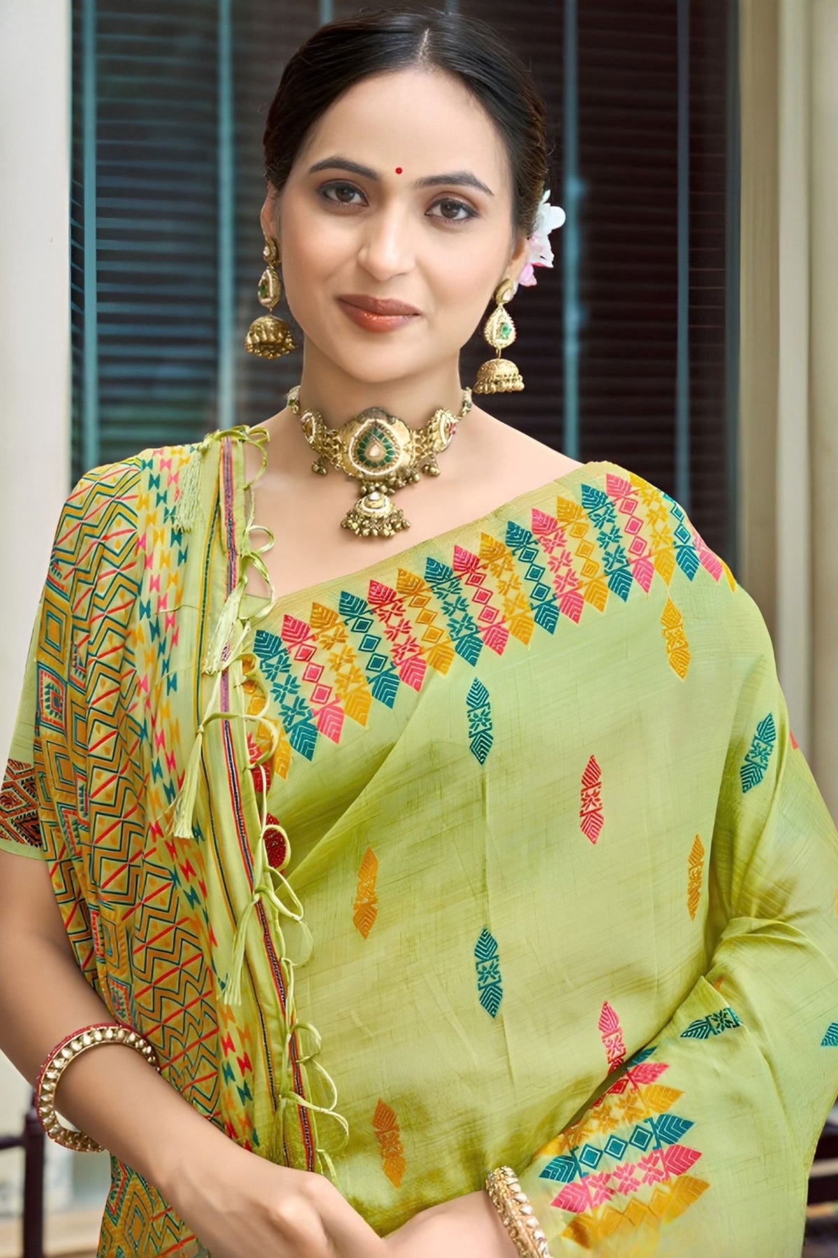 Grateful Lime Green Assam Silk Weaving Saree for Women