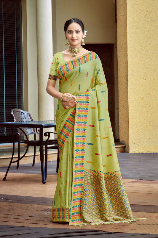 Grateful Lime Green Assam Silk Weaving Saree for Women