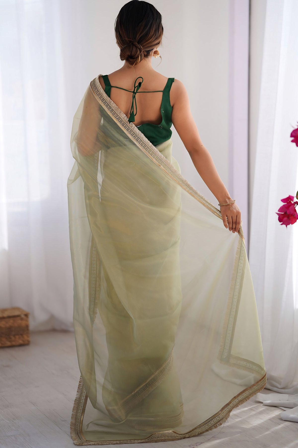Graceful Pista Green Net Saree with Net Lace Work for Women