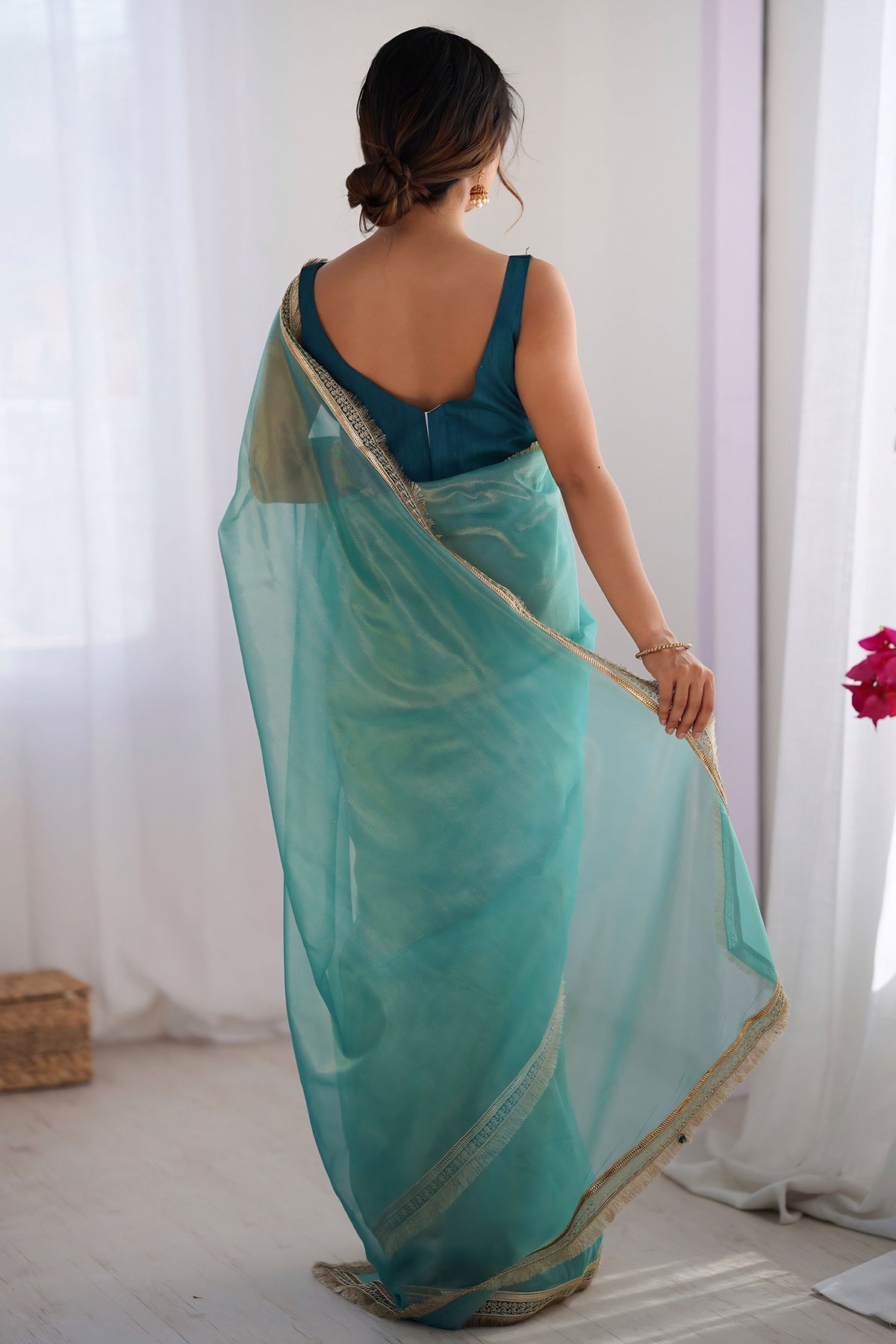 Elegant Teal Green Net Saree with Net Lace Work for Women