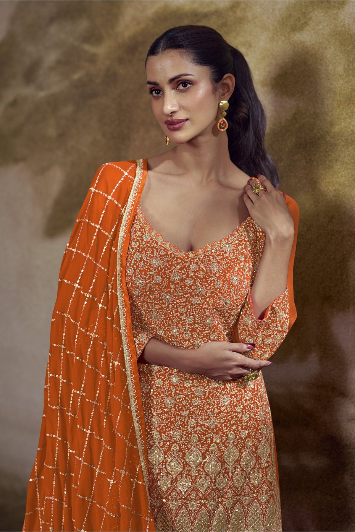 Gorgeous Orange and Rani Pink Georgette Heavy Embroidered Designer Salwar Suit with Dupatta