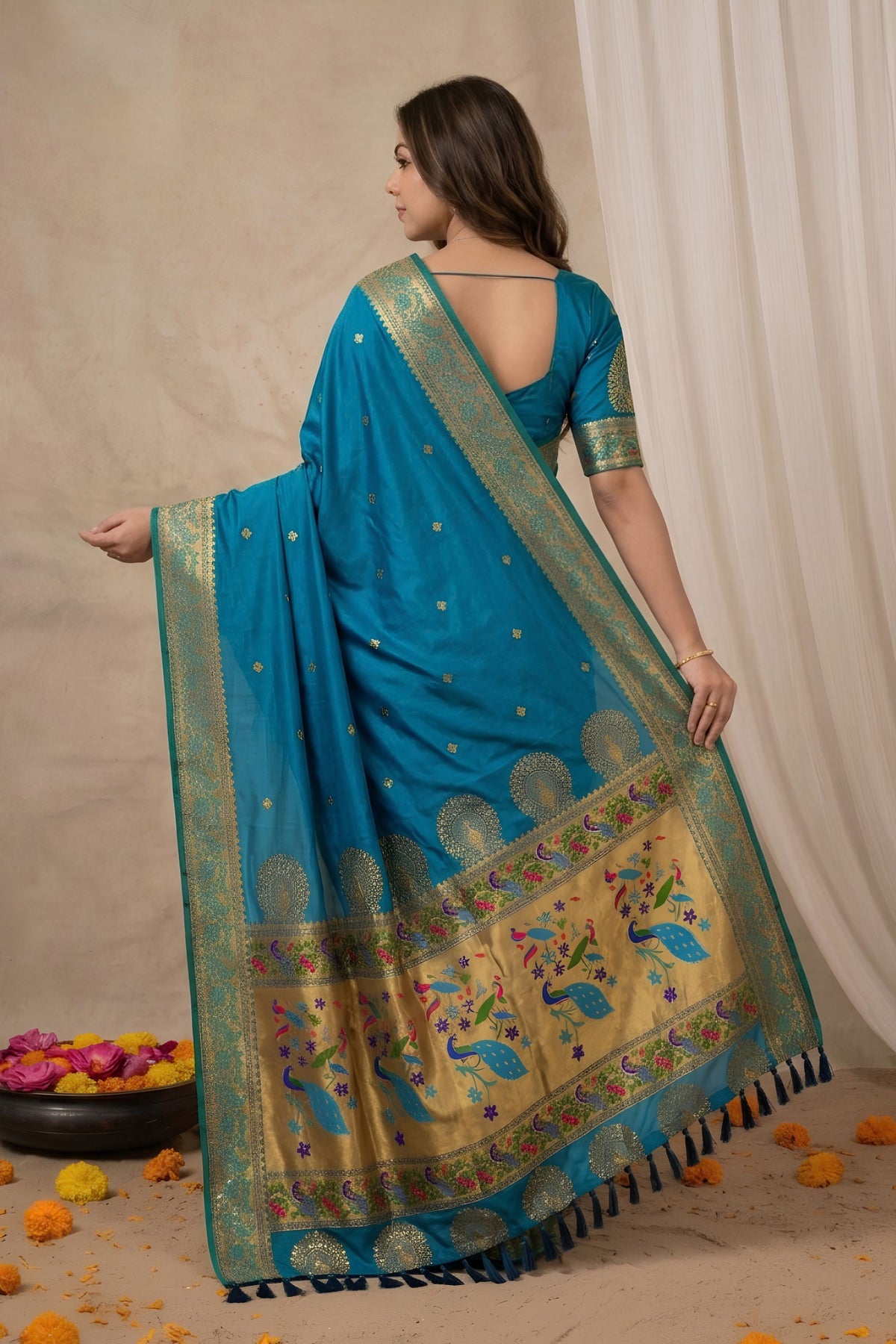 Elegant Teal Blue Paithani Silk Zari Weaving Work Saree for Women