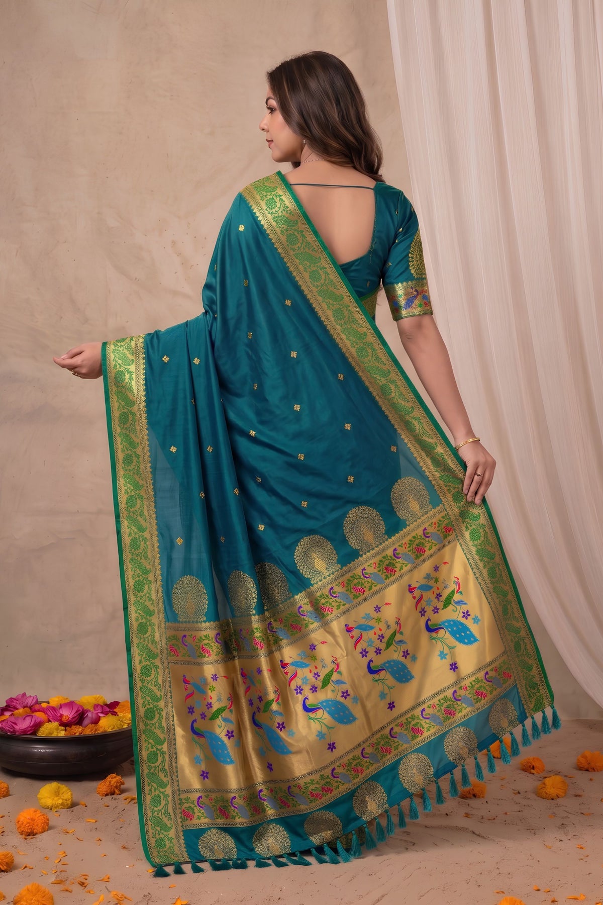Stylish Teal Blue Paithani Silk Zari Weaving Work Designer Saree for Women