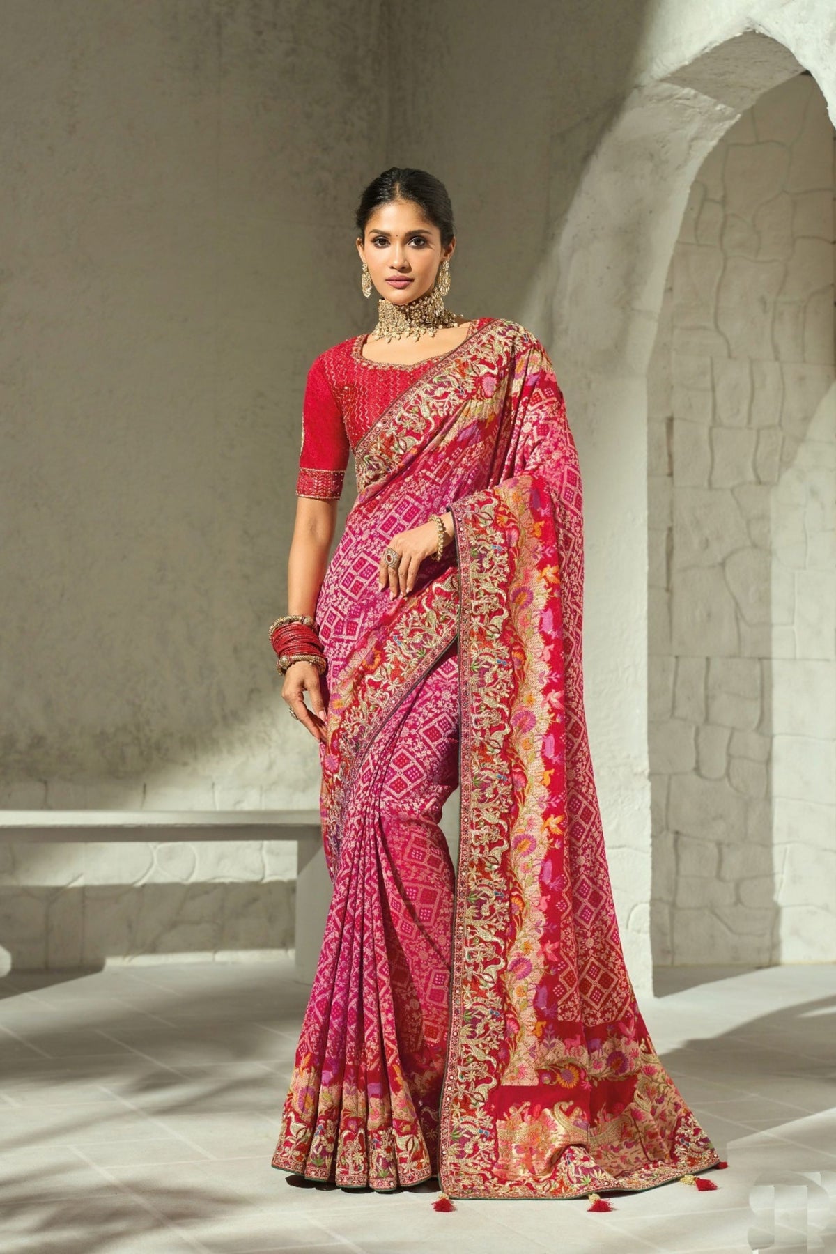 Beautiful Rani Pink Pure Georgette Saree with Moti Cut Dana Heavy Handwork for Women