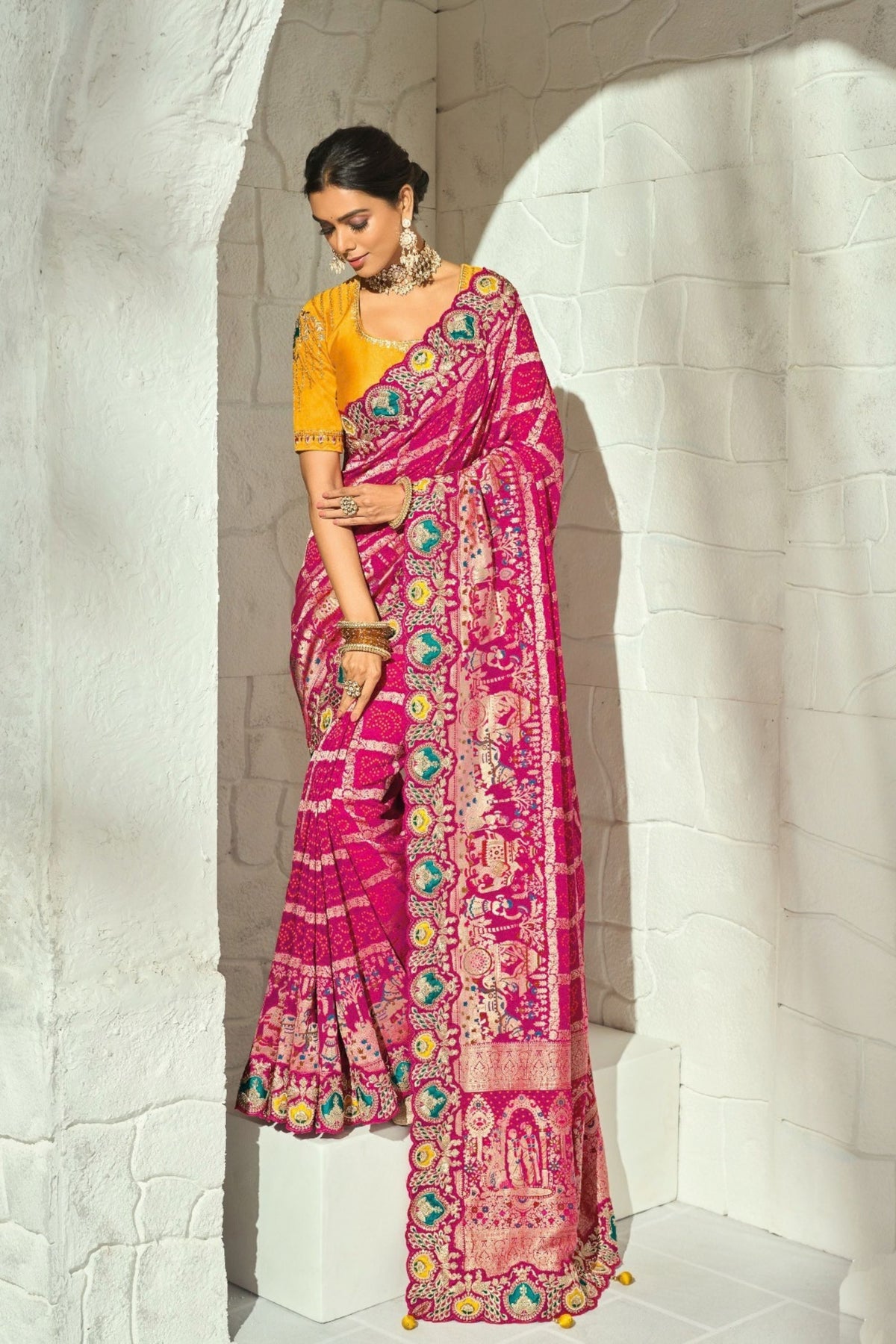 Lovely Rani Pink Pure Georgette Saree with Moti Cut-Dana Heavy Handwork for Women