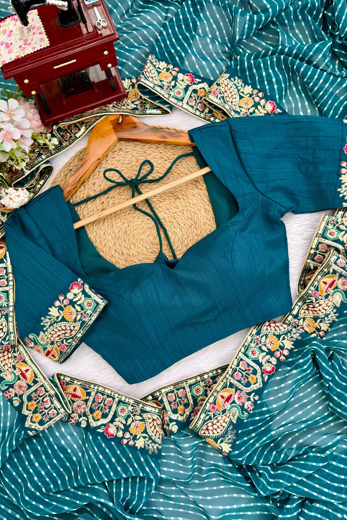 Stunning Teal Blue Faux Georgette Thread Sequins Embroidery Bandhani Print Saree for Women