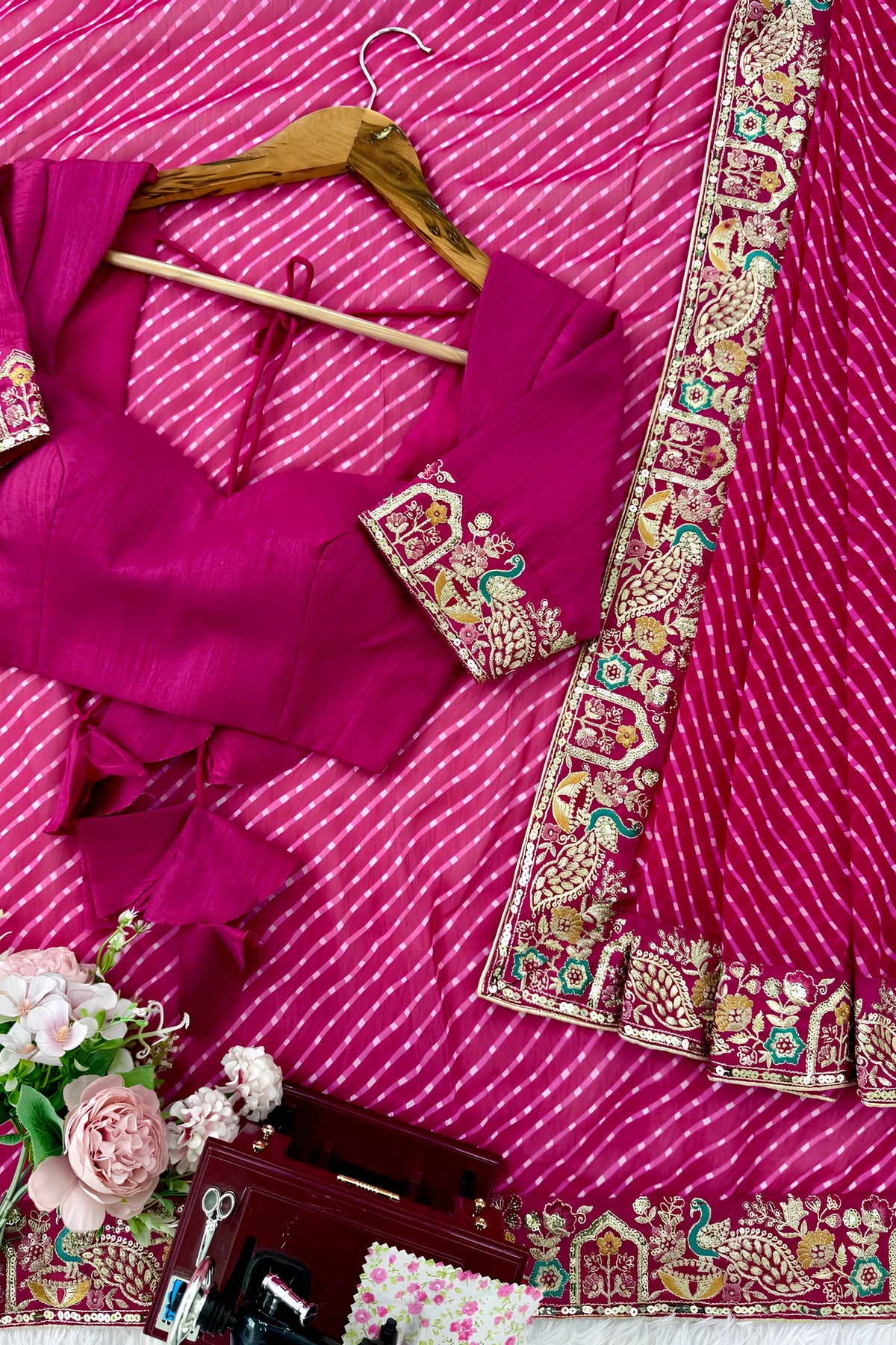 Beautiful Magenta Faux Georgette Bandhani Print Thread Sequins Embroidery Saree for Women