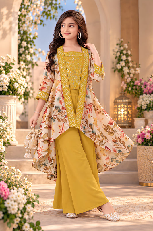 Radiant Mustard Yellow Floral Printed Cotton Palazzo Suit with Embroidered Shrug for Girls