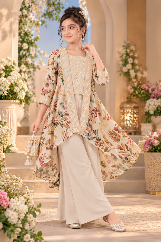Elegant Beige Cotton Floral Printed Palazzo Suit with Embroidered Shrug for Girls