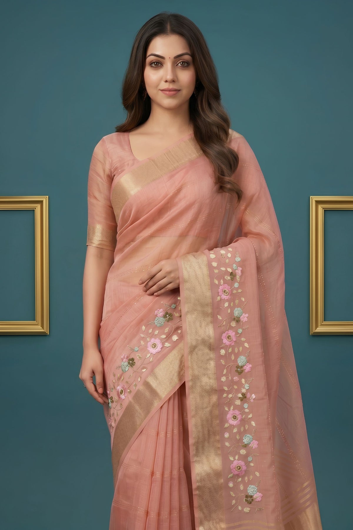 Lovely Dusty Pink Organza Tissue Silk Embroidery Work Designer Saree for Women