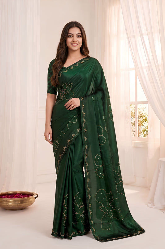 Grateful Dark Green Soft Fendy Satin Silk Digital Floral Print Saree with Aari Handwork for Women