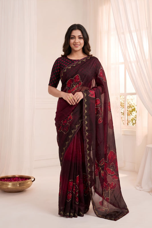Stylish Maroon Soft Fendy Satin Silk Digital Floral Print Saree with Aari Handwork for Women