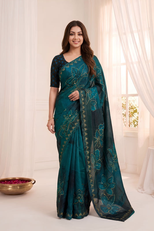 Royal Teal Blue Soft Fendy Satin Silk Digital Floral Print Saree with Aari Handwork for Women