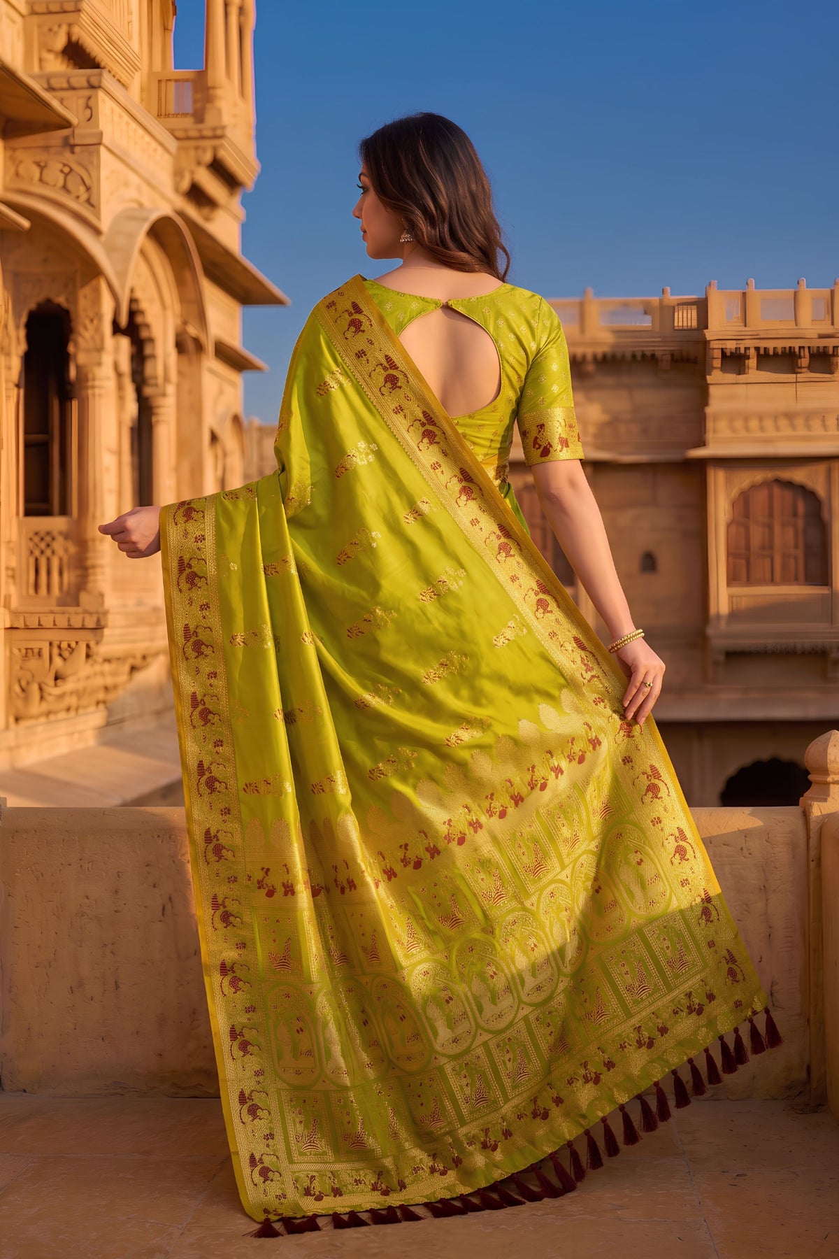 Vibrant Olive Green Baluchari Silk Saree with Zari Weaving Work for Women