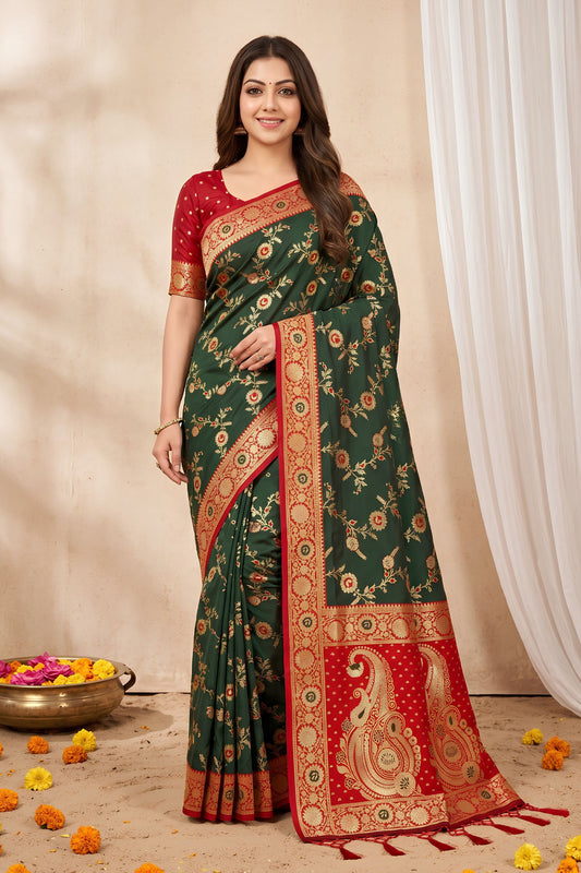 Elegant Bottle Green Banarasi Silk Saree with Meenakari Weaving for Women