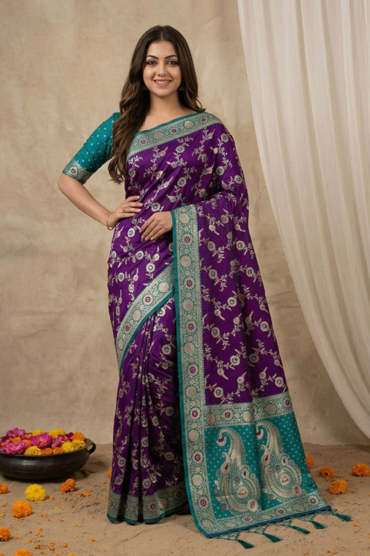 Exquisite Purple Banarasi Silk Saree with Teal Blue Border and Meenakari Weaving for Women