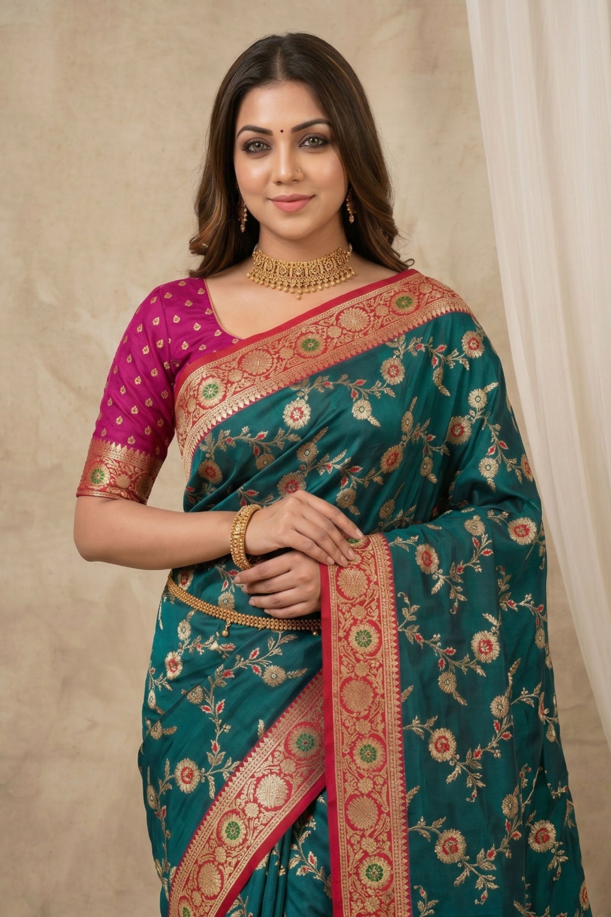 Stunning Teal Green Banarasi Silk Saree with and Meenakari Weaving for Women