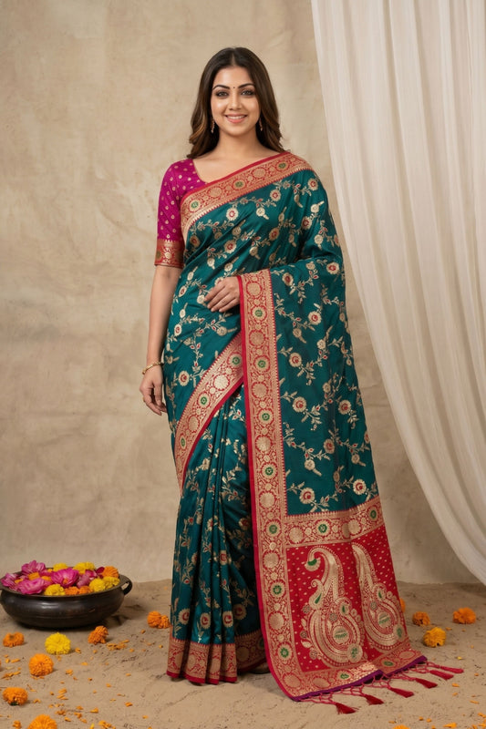 Stunning Teal Green Banarasi Silk Saree with and Meenakari Weaving for Women