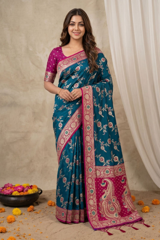 Graceful Teal Blue Banarasi Silk Saree Meenakari Weaving for Women