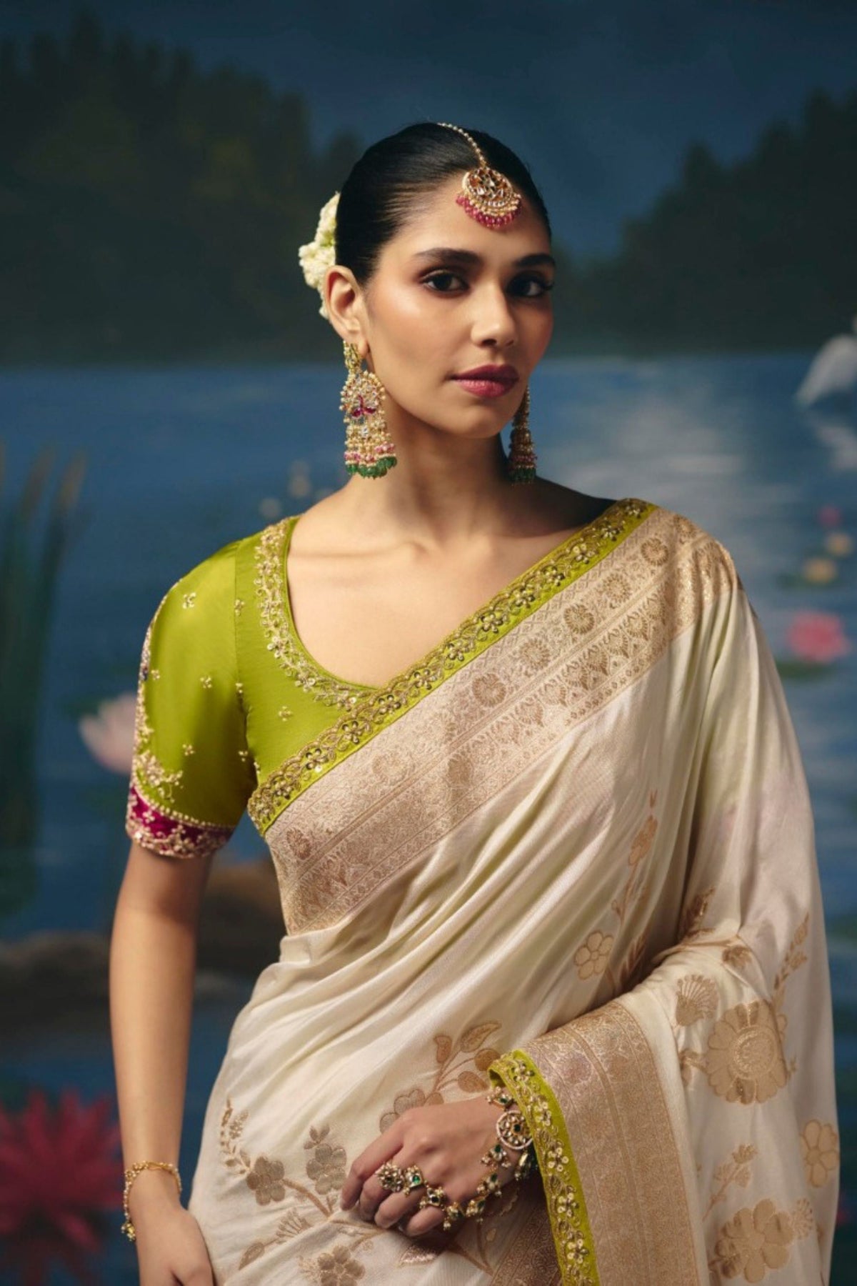 Elegant Beige Dola Silk Saree with Handwork, Cut Dana, Beads Work for Women