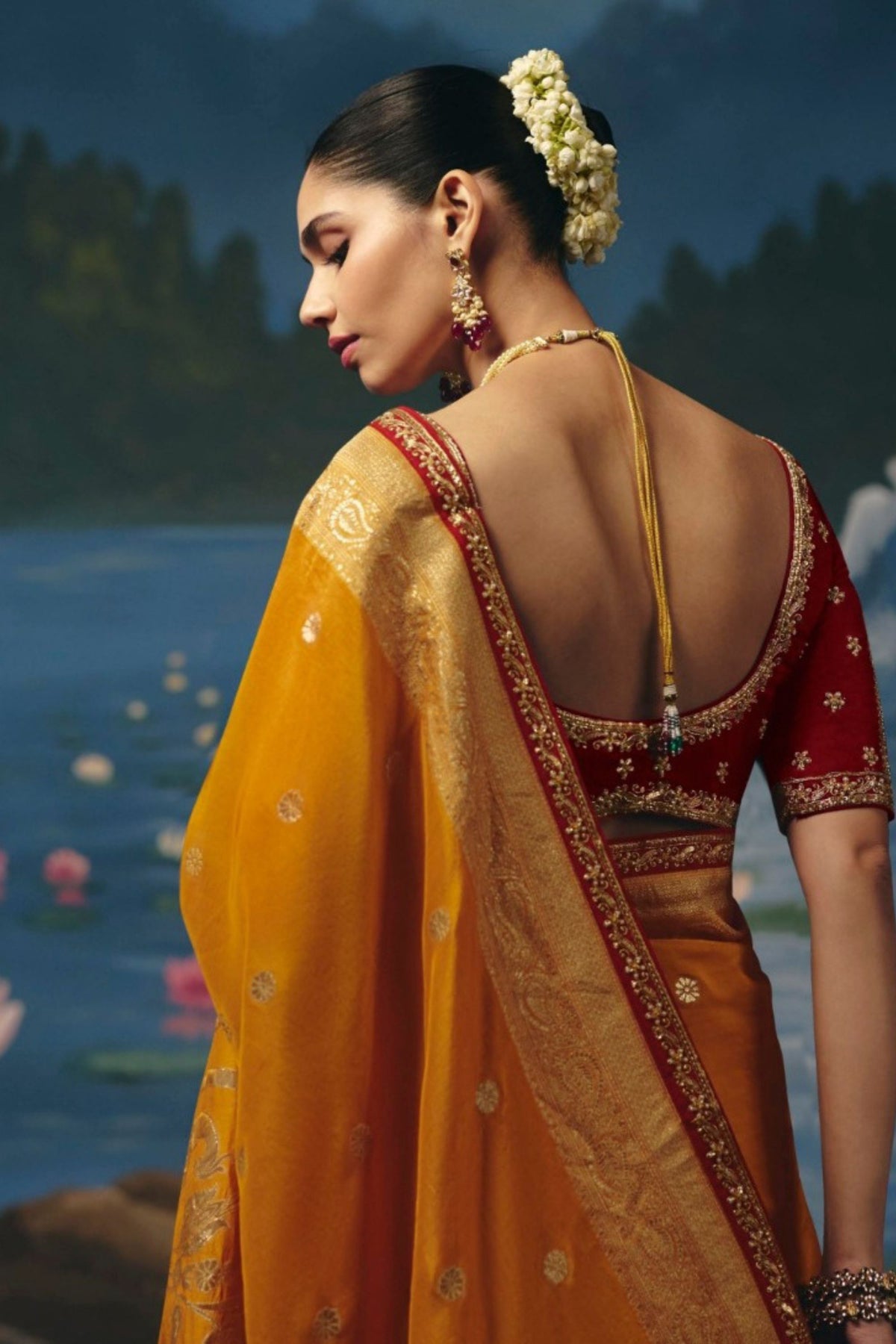Grateful Mustard Yellow Dola Silk Saree with Handwork Cut Dana Beads Work for Women