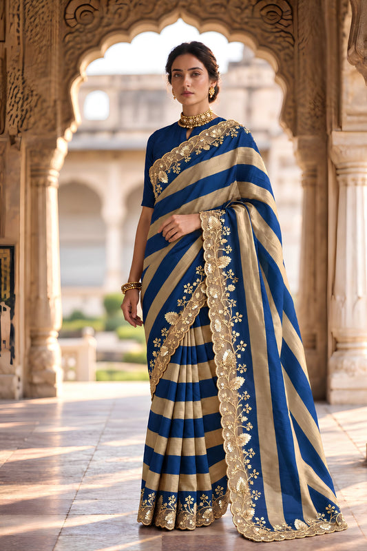 Royal Blue Salsa Silk Designer Saree Embroidery Work and Cutwork Border for Women