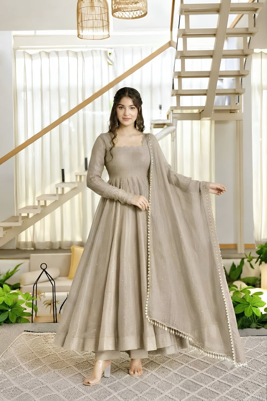 Elegant Beige Salsa Silk Designer Anarkali Suit with Crush Work and Dupatta for Women