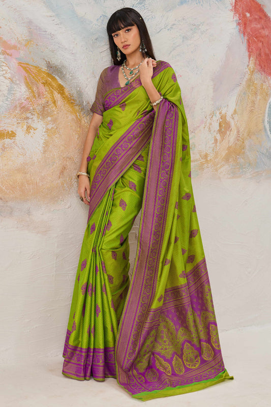 Radiant Parrot Green Kanjivaram Silk Saree Zari Weaving Work for Women