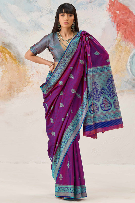 Royal Purple Kanjivaram Silk Saree Zari Weaving Work for Women