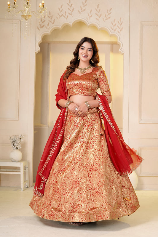 Exquisite Red Brocade Designer Lehenga Choli with Jacquard and Weaving Work
