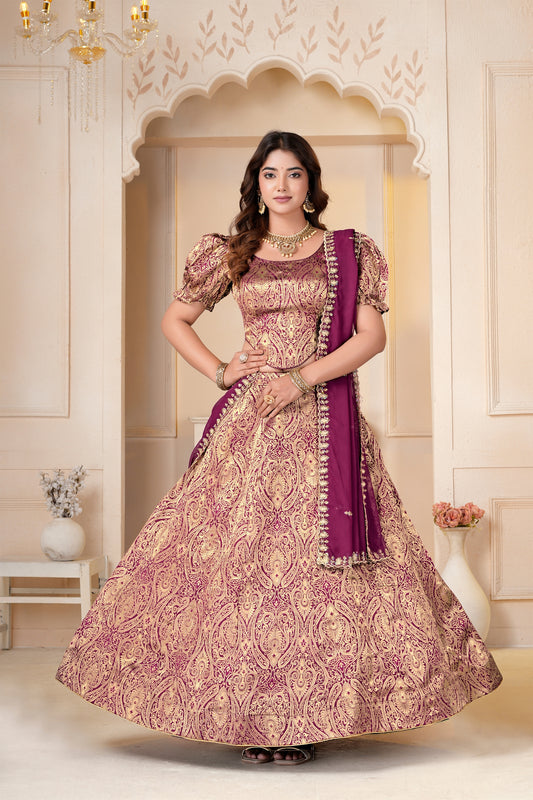 Captivating Wine Brocade Designer Lehenga Choli with Jacquard and Weaving Work