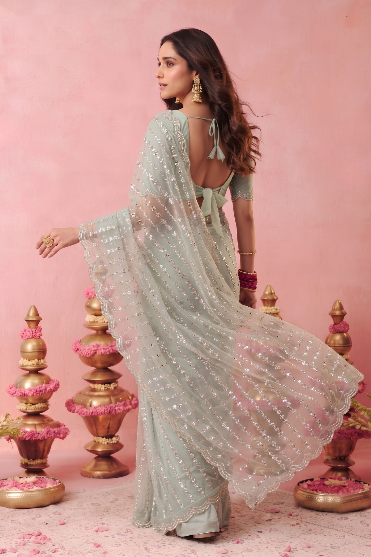 Elegant Sea Green Net Embroidery Work Designer Saree for Women