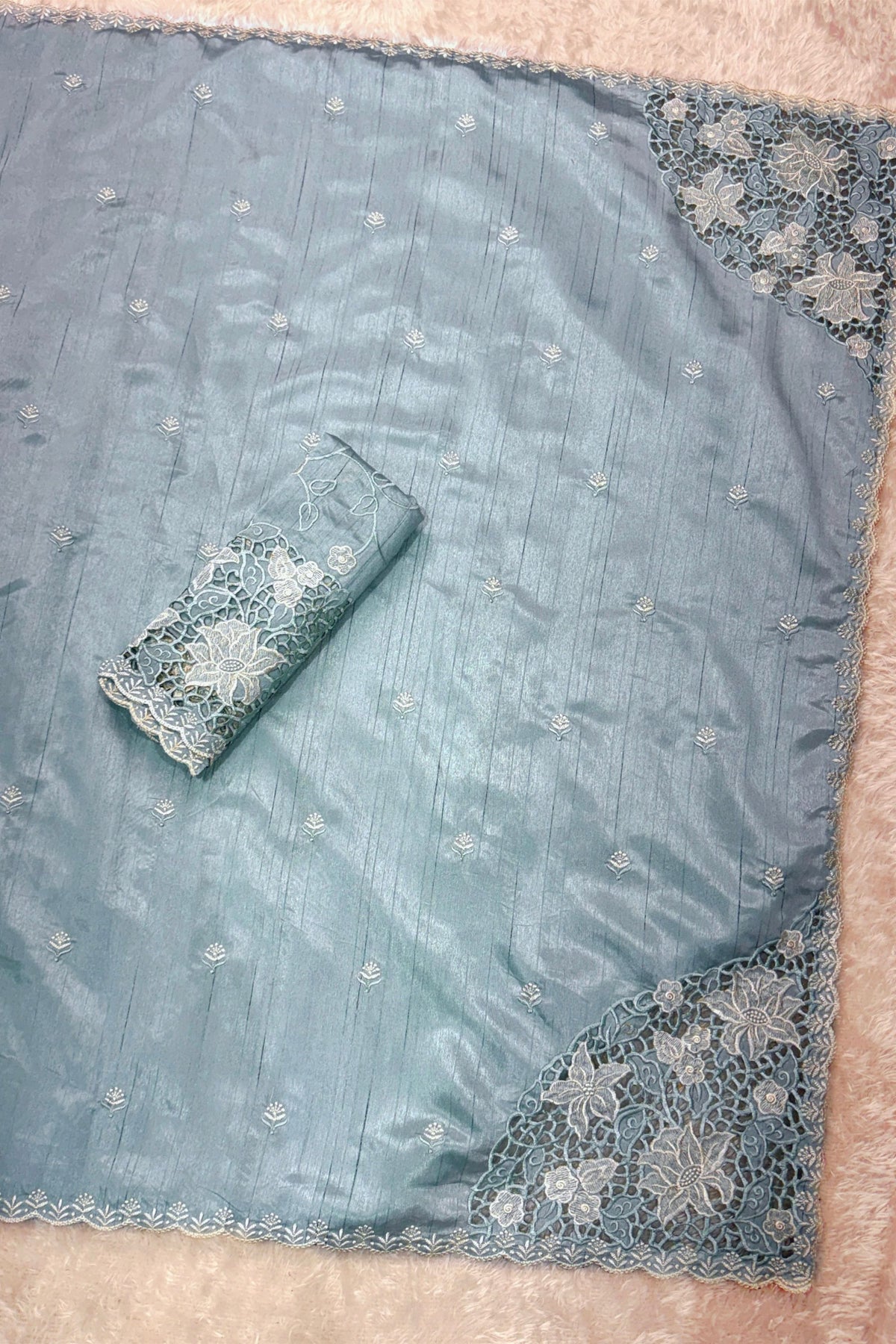 Serene Sky Blue Cotton Saree with Thread Embroidery Work for Women