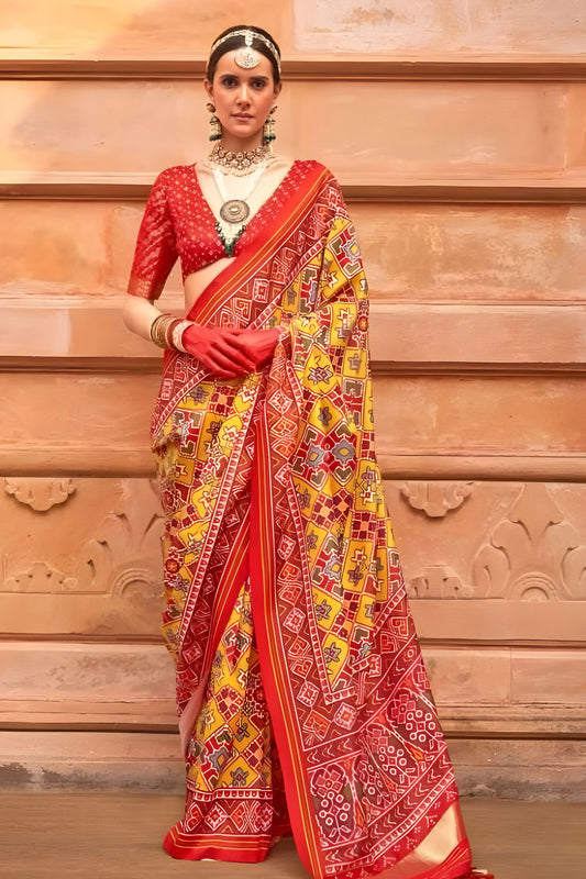 Traditional Mustard Yellow and Red Patola Print Silk Saree