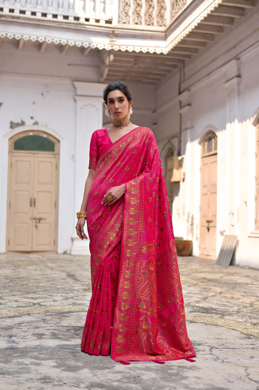 Rani Pink Silk Saree with Gold Paisley Border Floral Weaving Border