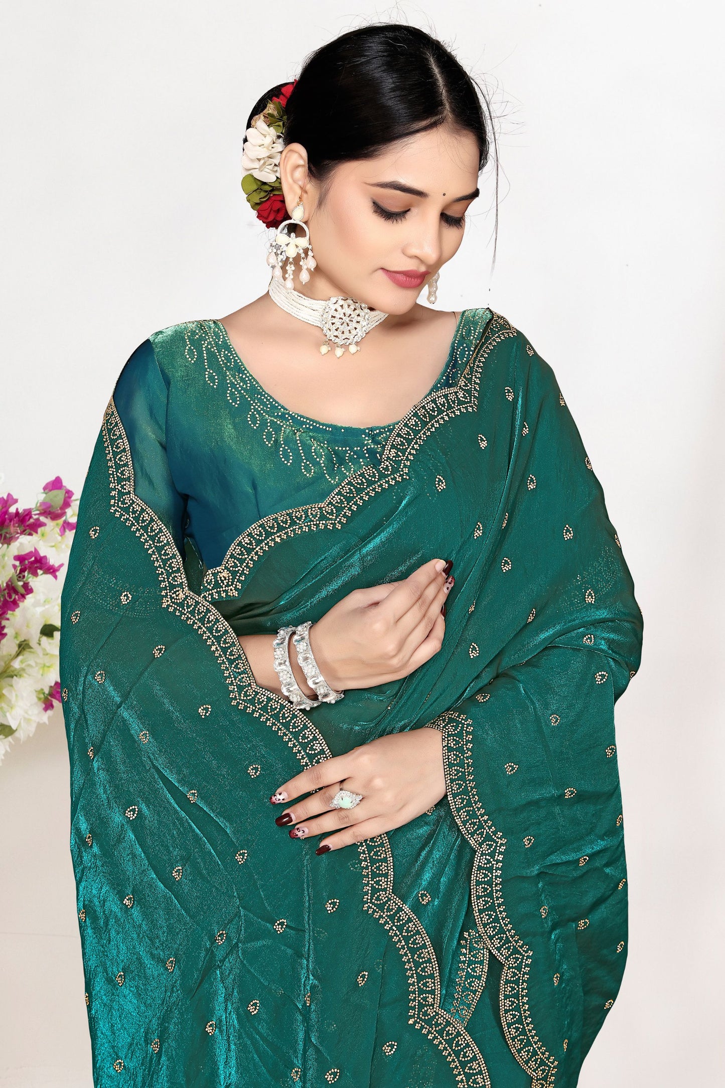 Green Silk Saree Zari Embroidered Border Buti Designer with Blouse