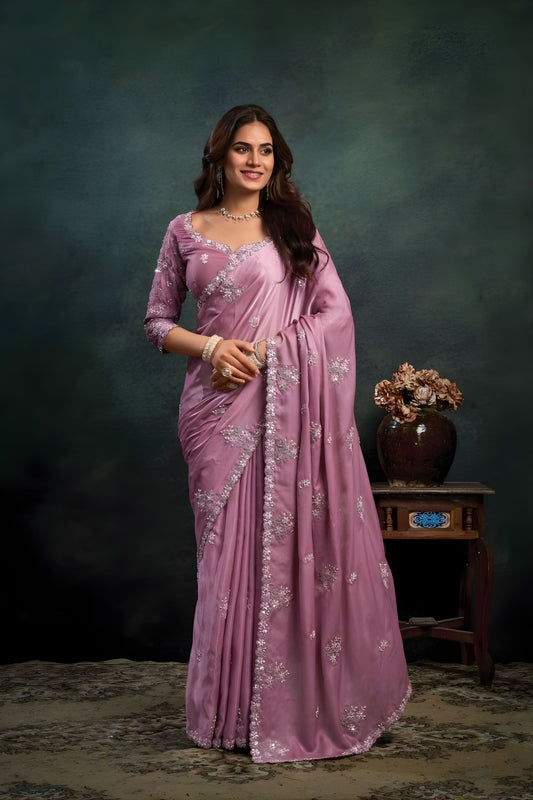 Dusty Pink Satin Silk Saree with Silver Designer Embellished Blouse