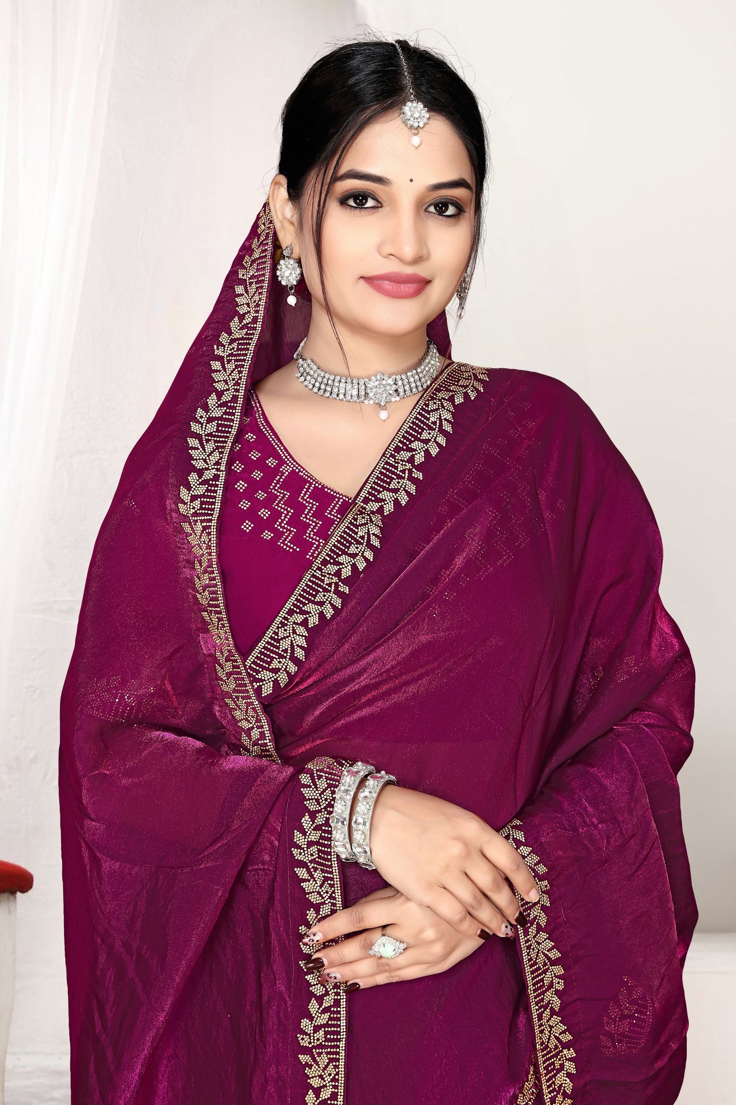 Wine Magenta Silk Saree with Rich Golden Zari Border Designer Saree