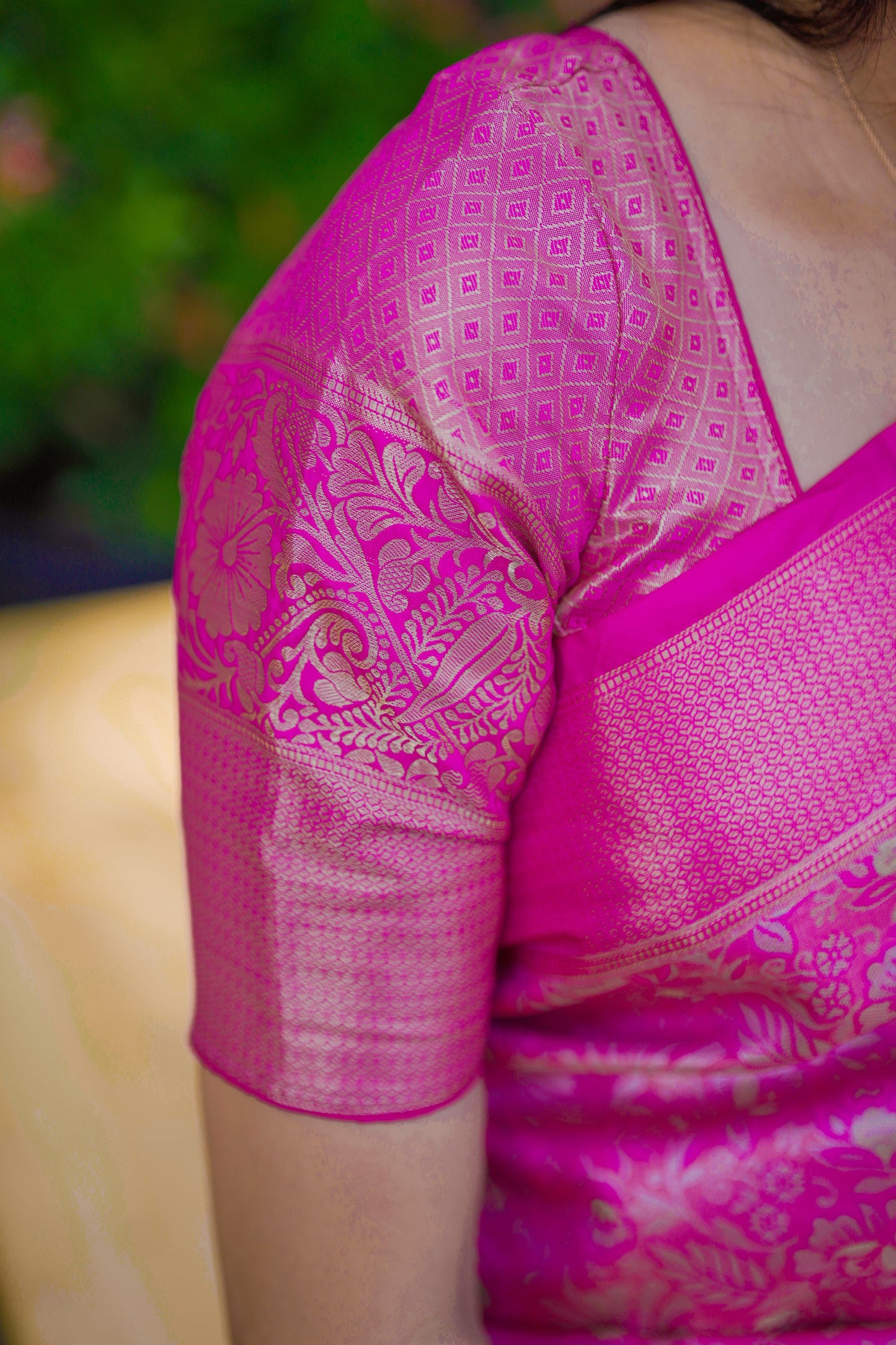 Luxury Rani Pink Banarasi Silk Saree with All-Over Floral Zari Weaving